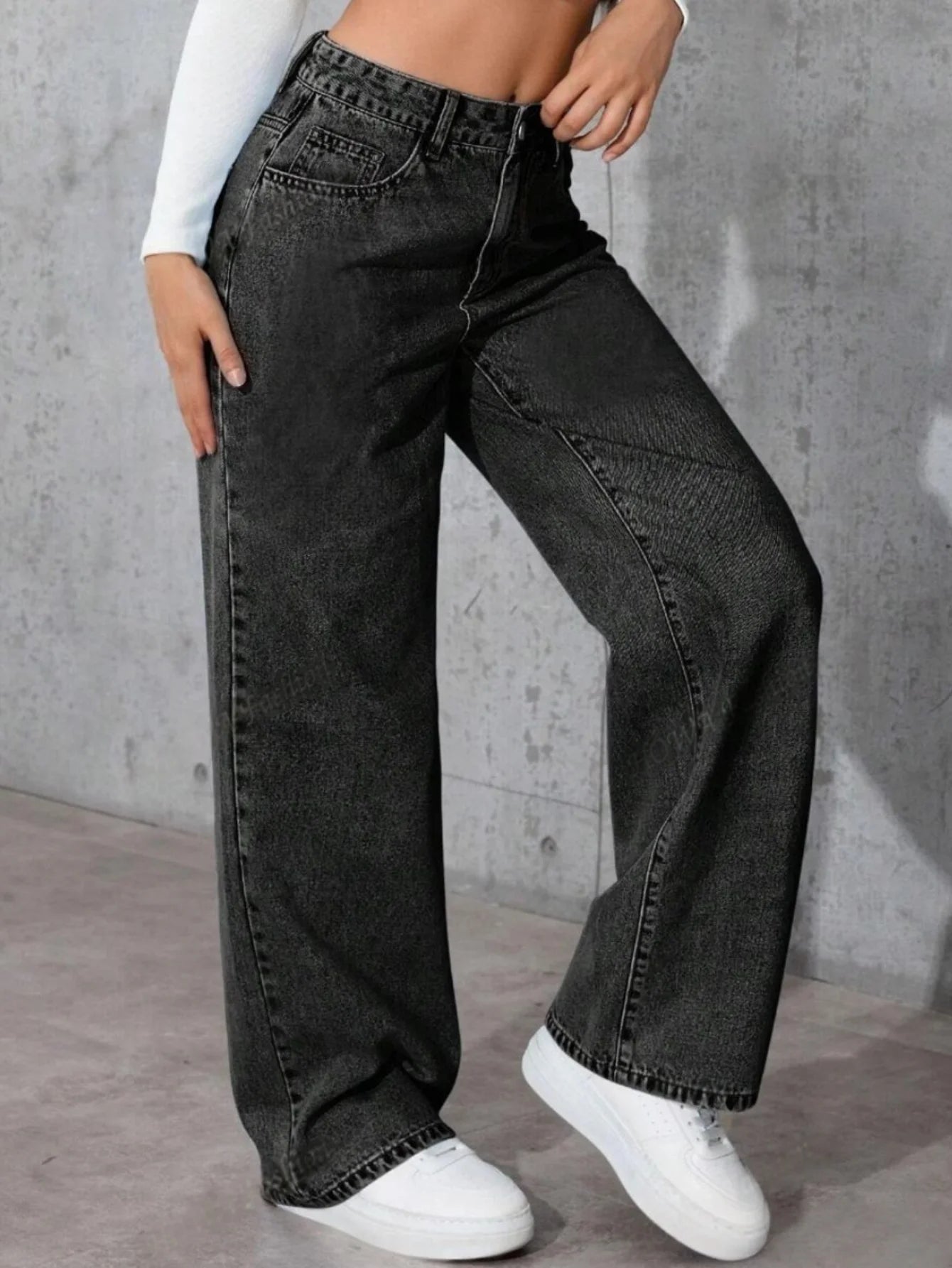 Y2k Jeans For Woman Wide Leg Baggy Low Rise Black Vintage Denim Pants Retro Streetwear Fashion Comfort Fit Daily Wear - Clothesfassion.store