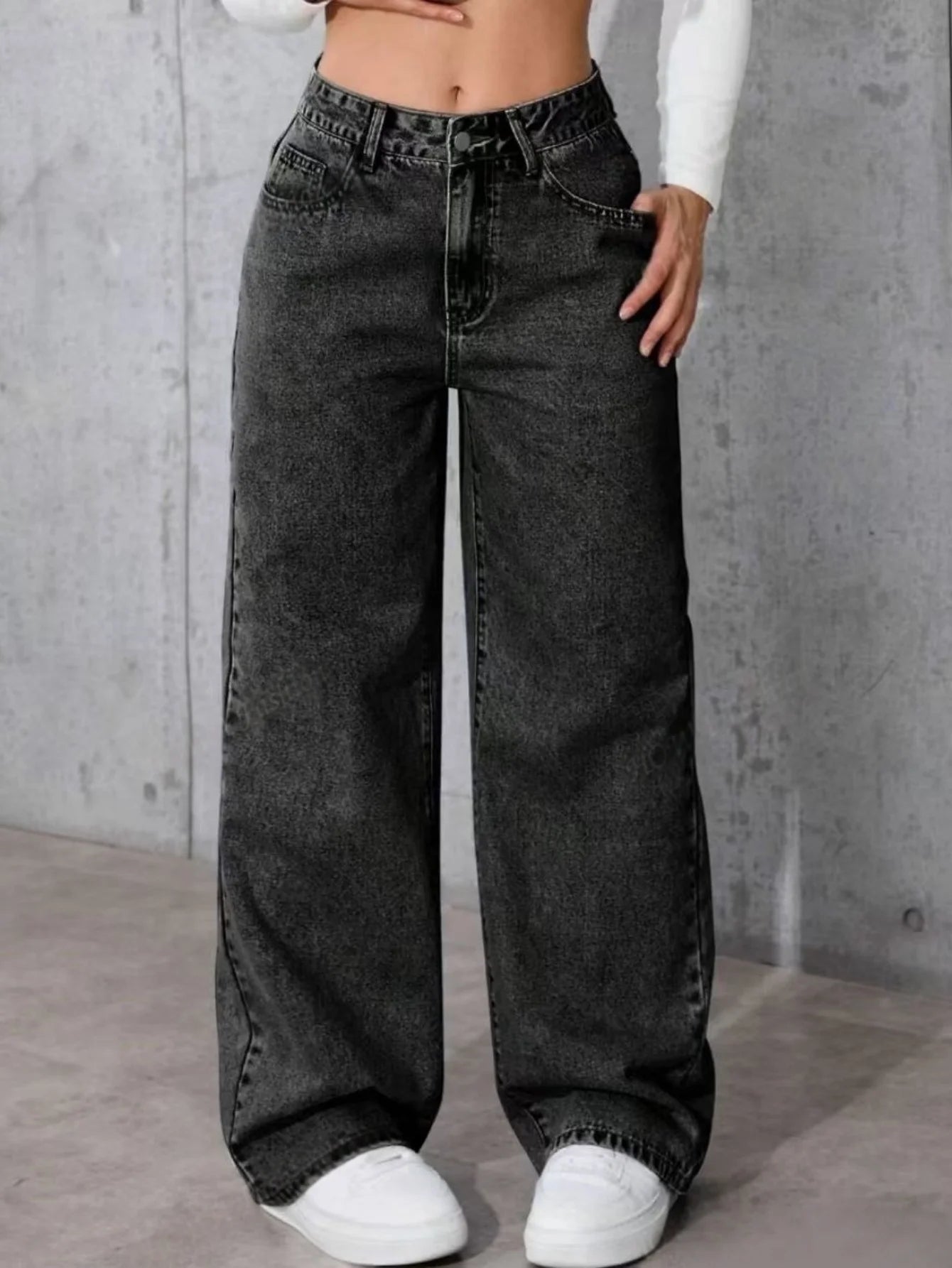 Y2k Jeans For Woman Wide Leg Baggy Low Rise Black Vintage Denim Pants Retro Streetwear Fashion Comfort Fit Daily Wear - Clothesfassion.store
