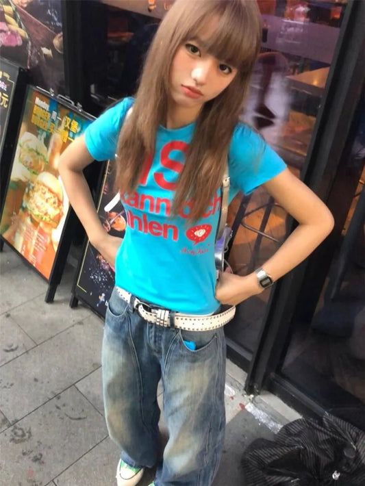 Y2k Letter Print T-shirt American Japanese Retro 90s Fashion 2000s Style Crop Top Vintage Harajuku Short Sleeve Shirt Streetwear - Clothesfassion.store
