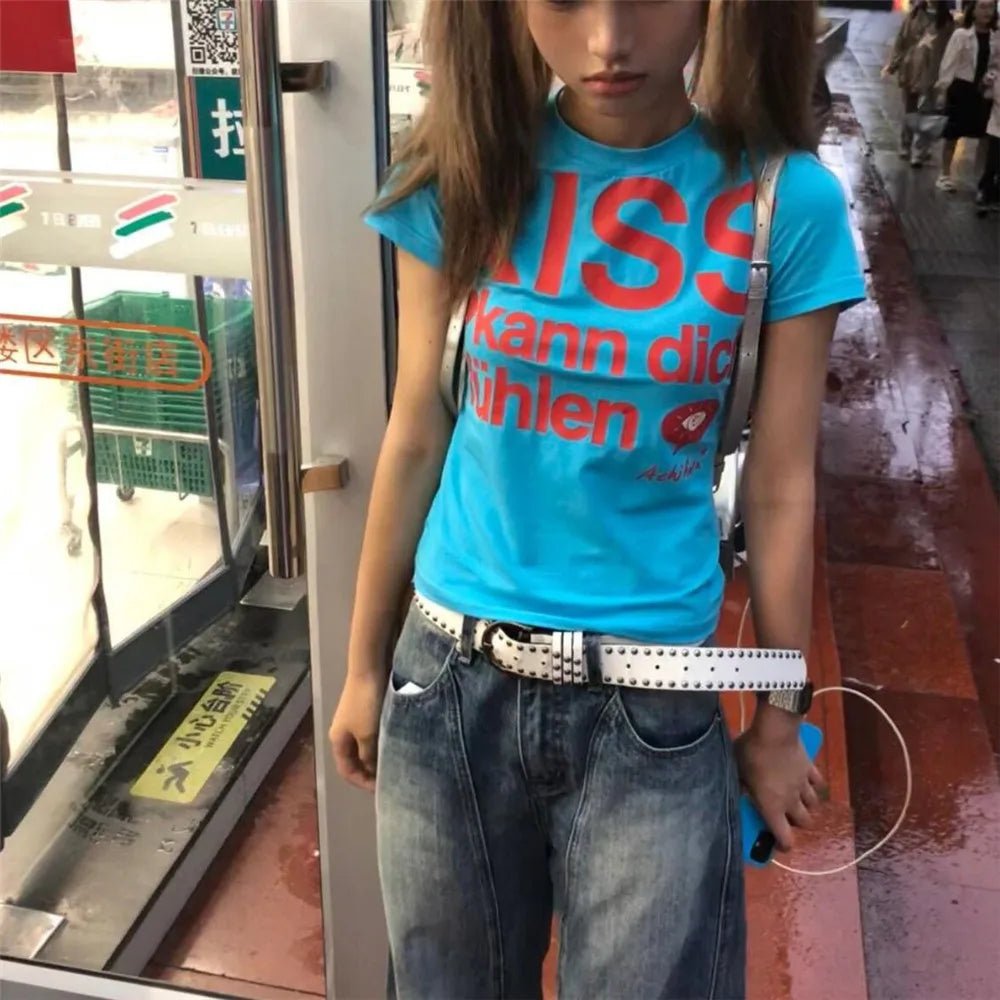Y2k Letter Print T-shirt American Japanese Retro 90s Fashion 2000s Style Crop Top Vintage Harajuku Short Sleeve Shirt Streetwear - Clothesfassion.store