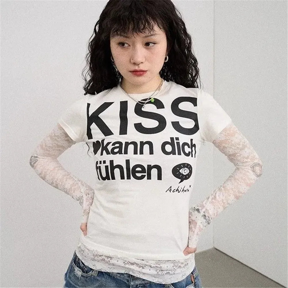 Y2k Letter Print T-shirt American Japanese Retro 90s Fashion 2000s Style Crop Top Vintage Harajuku Short Sleeve Shirt Streetwear - Clothesfassion.store