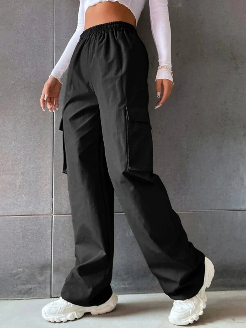 Y2K Solid Ripped Baggy Pants Fashion Women Pocket Elastic Waist Retro Straight Sweatpant Casual Streetwear Cargo New Trousers - Clothesfassion.store