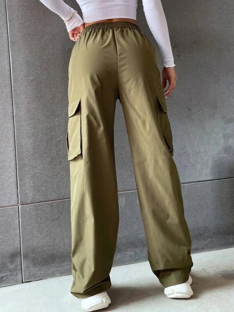 Y2K Solid Ripped Baggy Pants Fashion Women Pocket Elastic Waist Retro Straight Sweatpant Casual Streetwear Cargo New Trousers - Clothesfassion.store