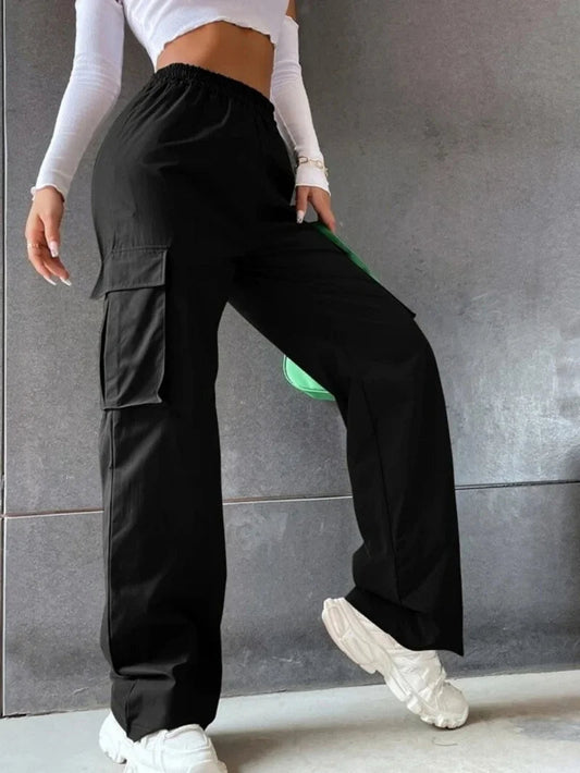Y2K Solid Ripped Baggy Pants Fashion Women Pocket Elastic Waist Retro Straight Sweatpant Casual Streetwear Cargo New Trousers - Clothesfassion.store