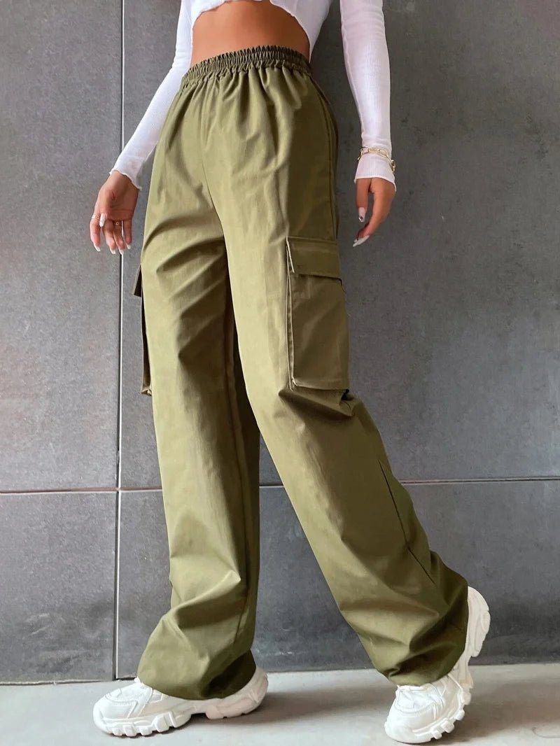 Y2K Solid Ripped Baggy Pants Fashion Women Pocket Elastic Waist Retro Straight Sweatpant Casual Streetwear Cargo New Trousers - Clothesfassion.store