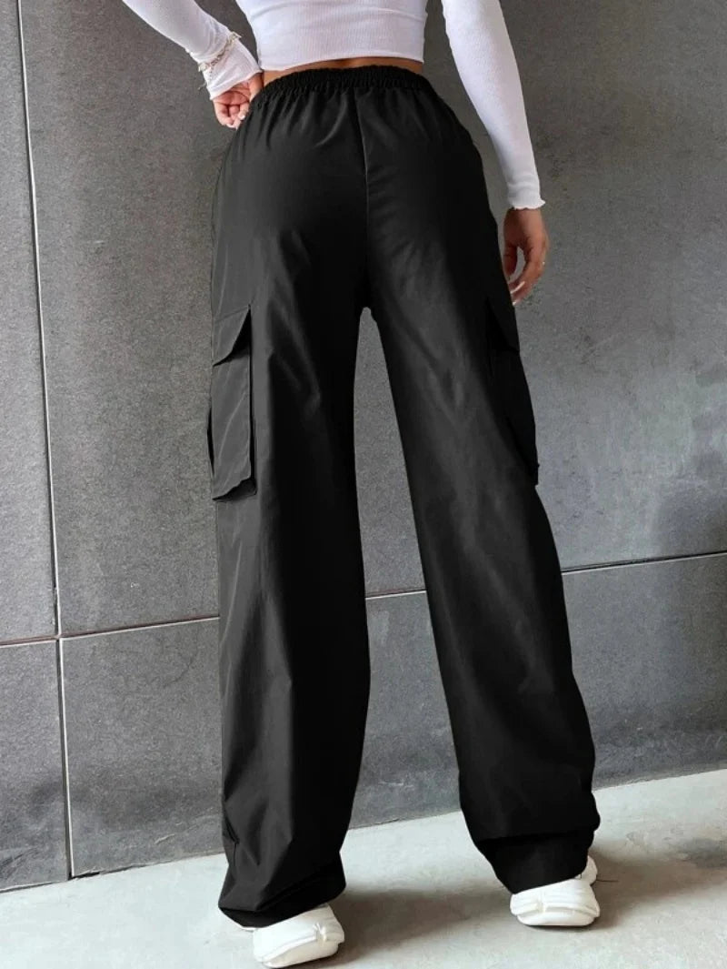 Y2K Solid Ripped Baggy Pants Fashion Women Pocket Elastic Waist Retro Straight Sweatpant Casual Streetwear Cargo New Trousers - Clothesfassion.store