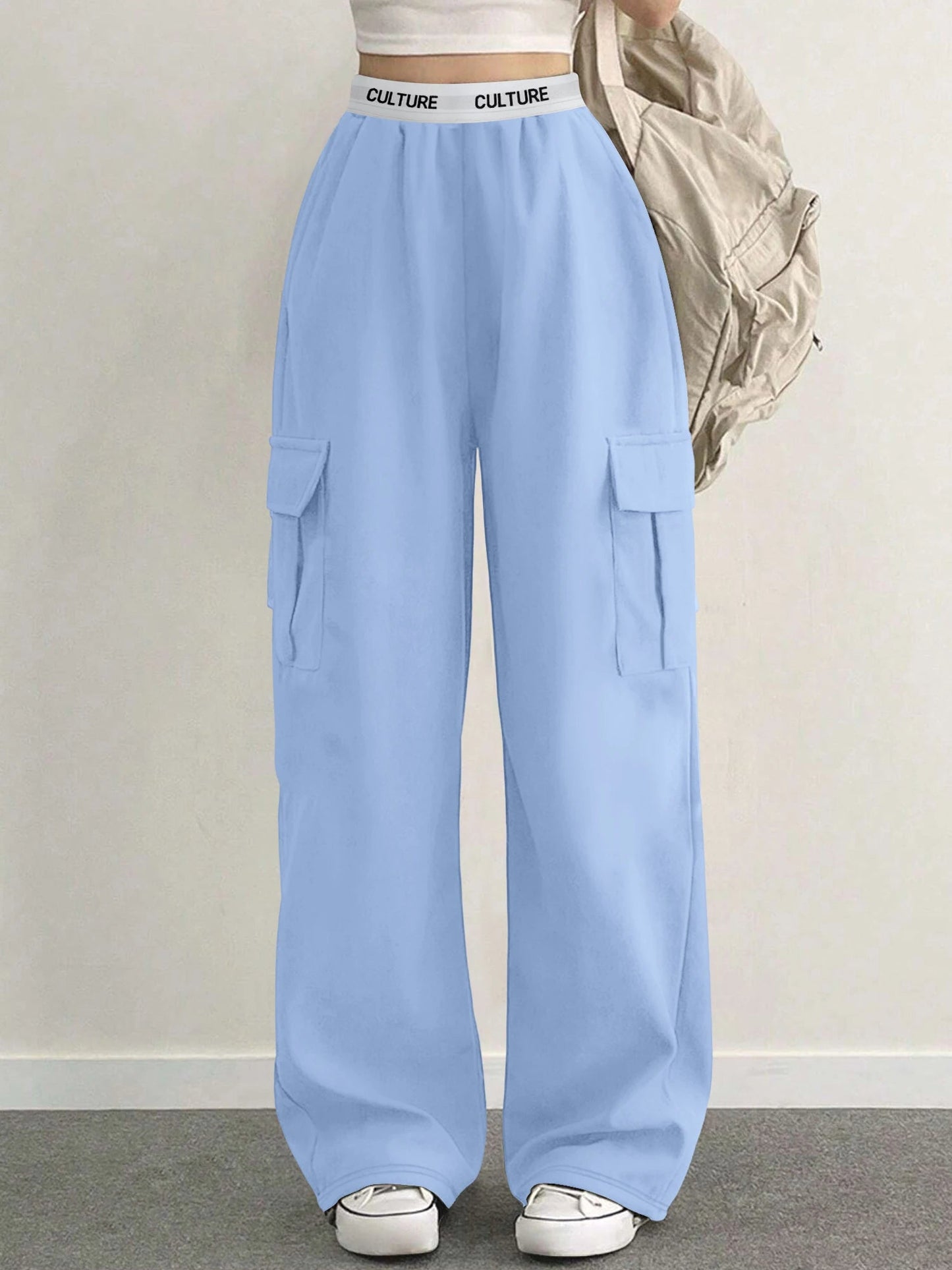 Y2K Style Wide Leg Cargo Pants for Women Lightweight Fabric Multi - Pocket Design Elastic Waist Casual Daily Trousers - Clothesfassion.store