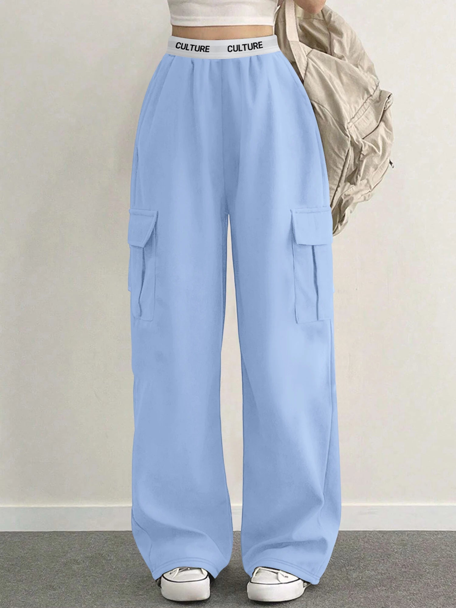 Y2K Style Wide Leg Cargo Pants for Women Lightweight Fabric Multi - Pocket Design Elastic Waist Casual Daily Trousers - Clothesfassion.store