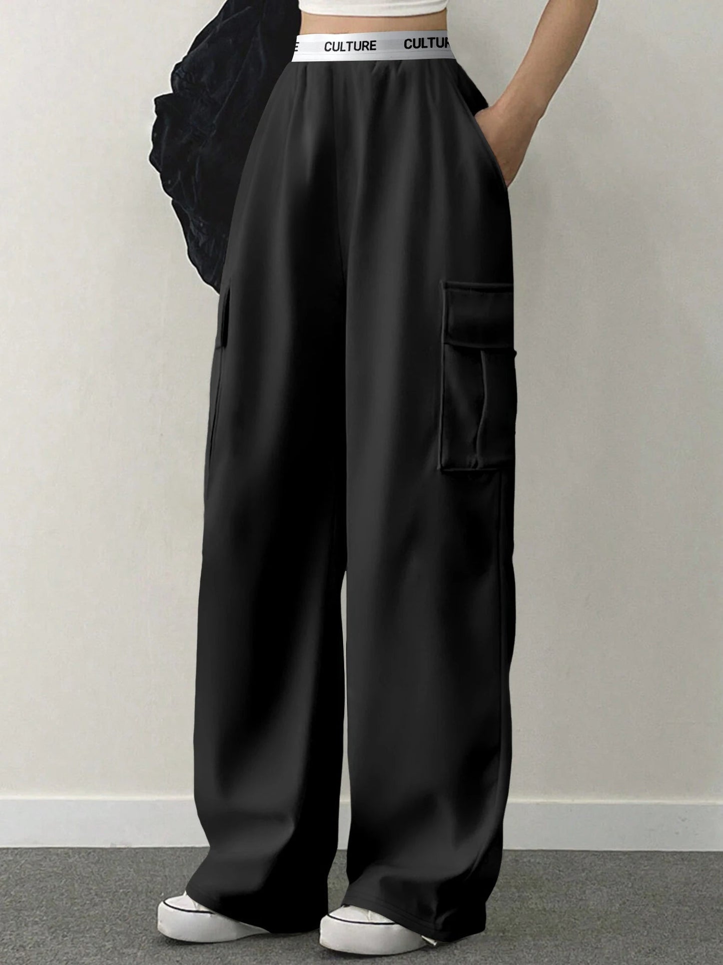 Y2K Style Wide Leg Cargo Pants for Women Lightweight Fabric Multi - Pocket Design Elastic Waist Casual Daily Trousers - Clothesfassion.store