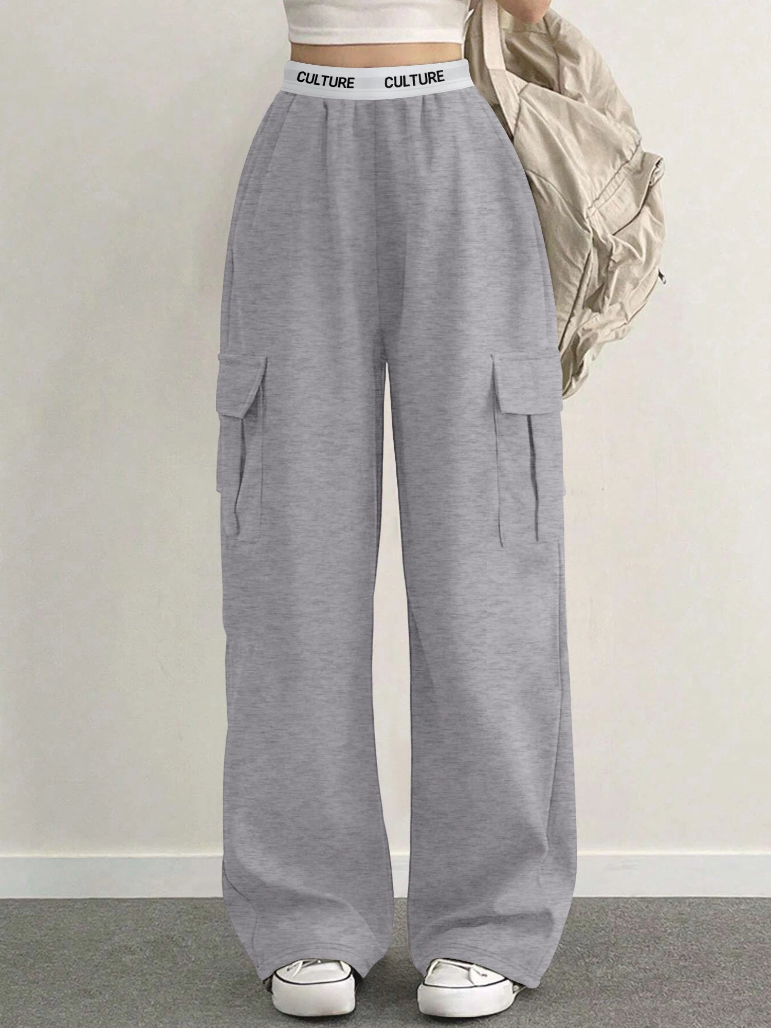 Y2K Style Wide Leg Cargo Pants for Women Lightweight Fabric Multi - Pocket Design Elastic Waist Casual Daily Trousers - Clothesfassion.store