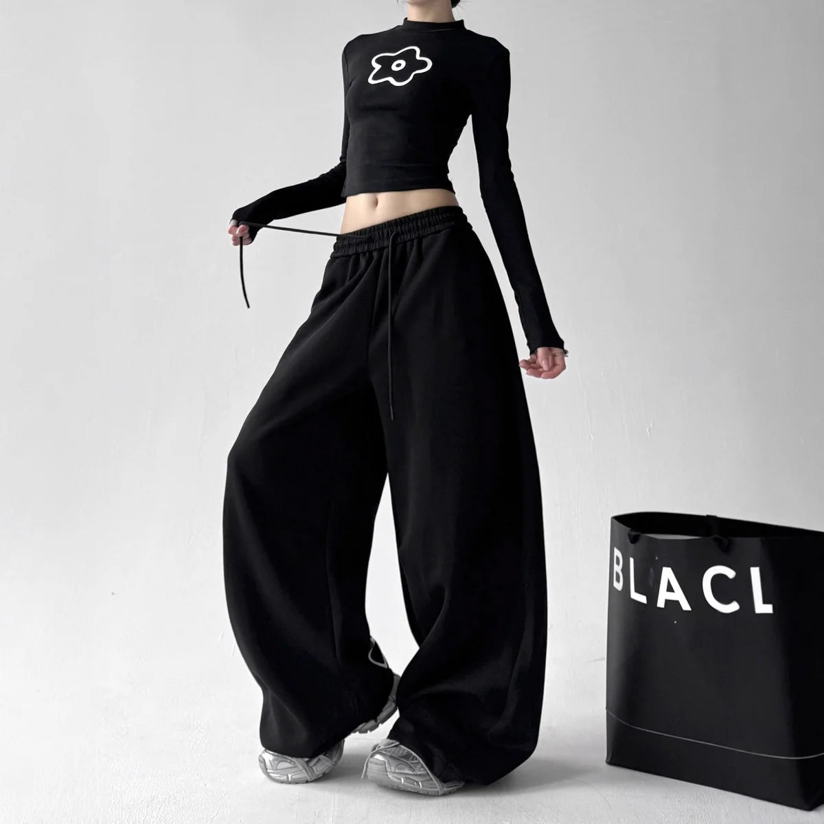 Y2k Women's Pants Fashion Printed Sweatpants Casual Elastic Drawstring Wide Leg Clothes Ladies' Black Loose Elegant Trousers - Clothesfassion.store