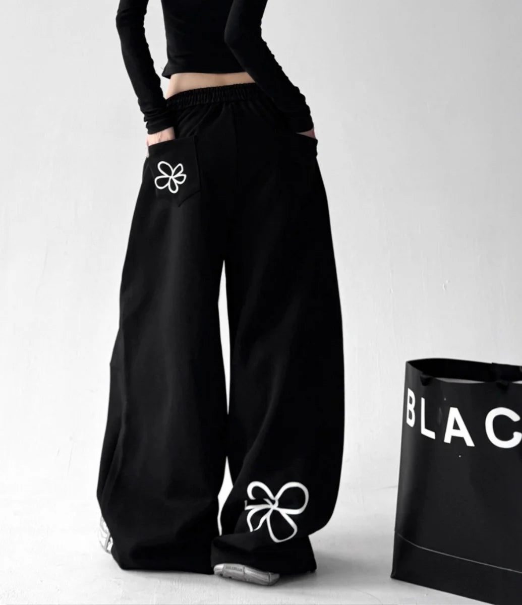 Y2k Women's Pants Fashion Printed Sweatpants Casual Elastic Drawstring Wide Leg Clothes Ladies' Black Loose Elegant Trousers - Clothesfassion.store