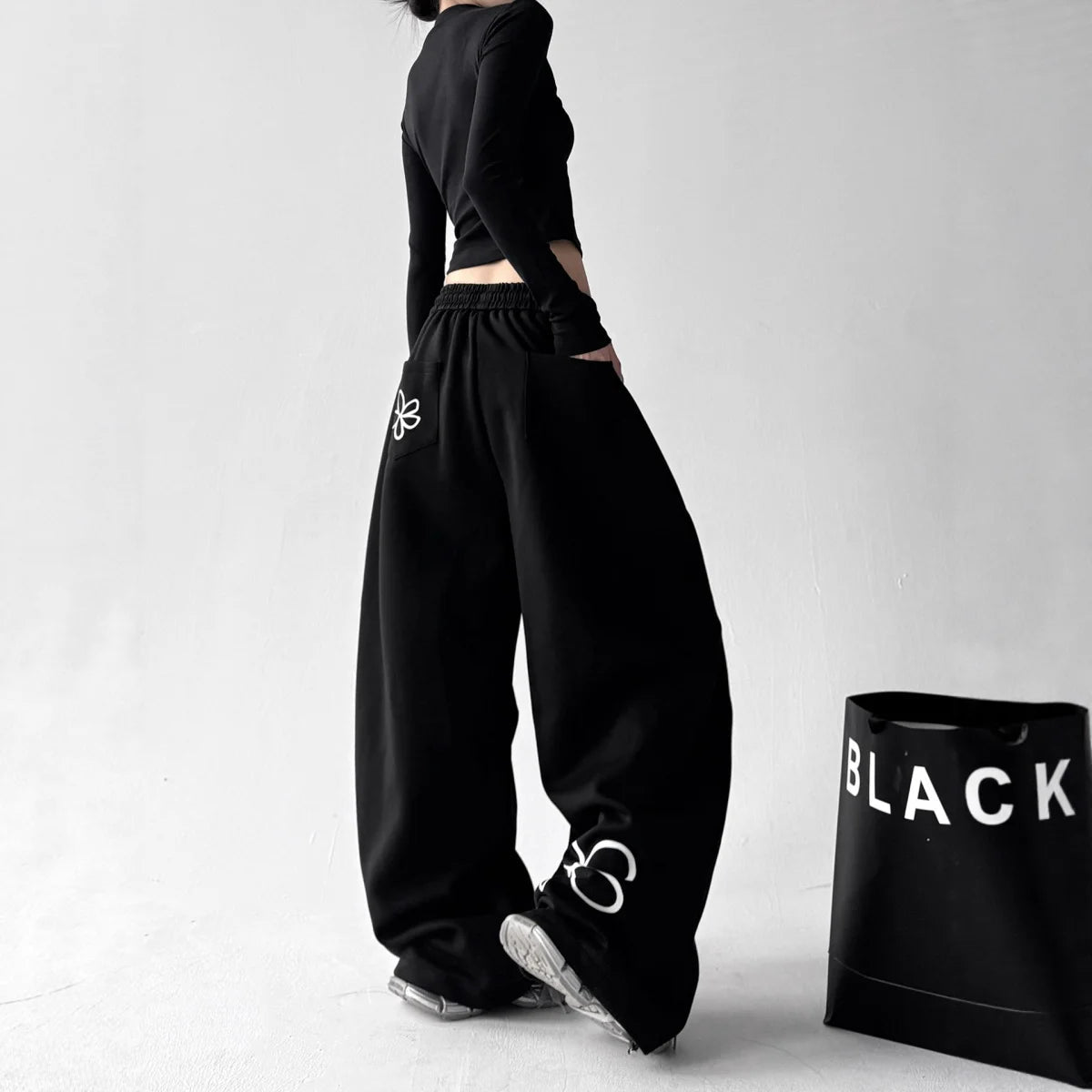 Y2k Women's Pants Fashion Printed Sweatpants Casual Elastic Drawstring Wide Leg Clothes Ladies' Black Loose Elegant Trousers - Clothesfassion.store