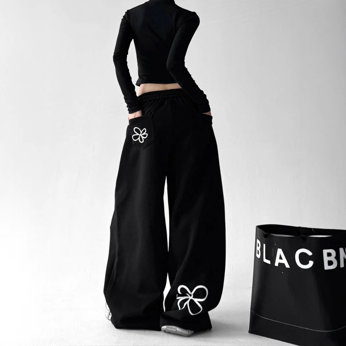 Y2k Women's Pants Fashion Printed Sweatpants Casual Elastic Drawstring Wide Leg Clothes Ladies' Black Loose Elegant Trousers - Clothesfassion.store