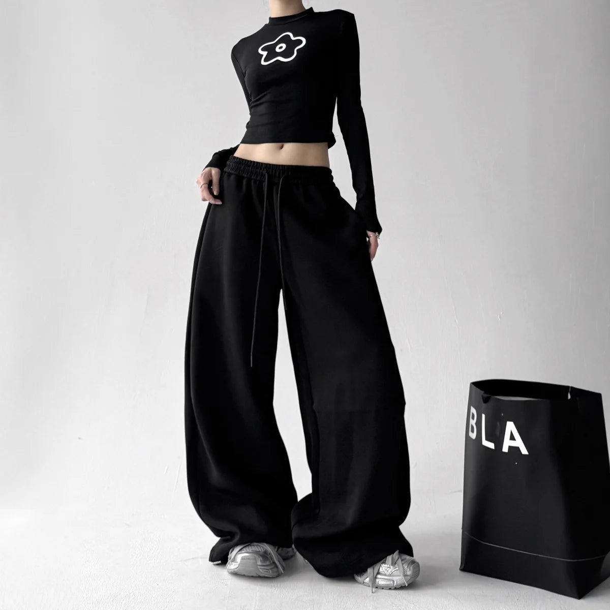 Y2k Women's Pants Fashion Printed Sweatpants Casual Elastic Drawstring Wide Leg Clothes Ladies' Black Loose Elegant Trousers - Clothesfassion.store