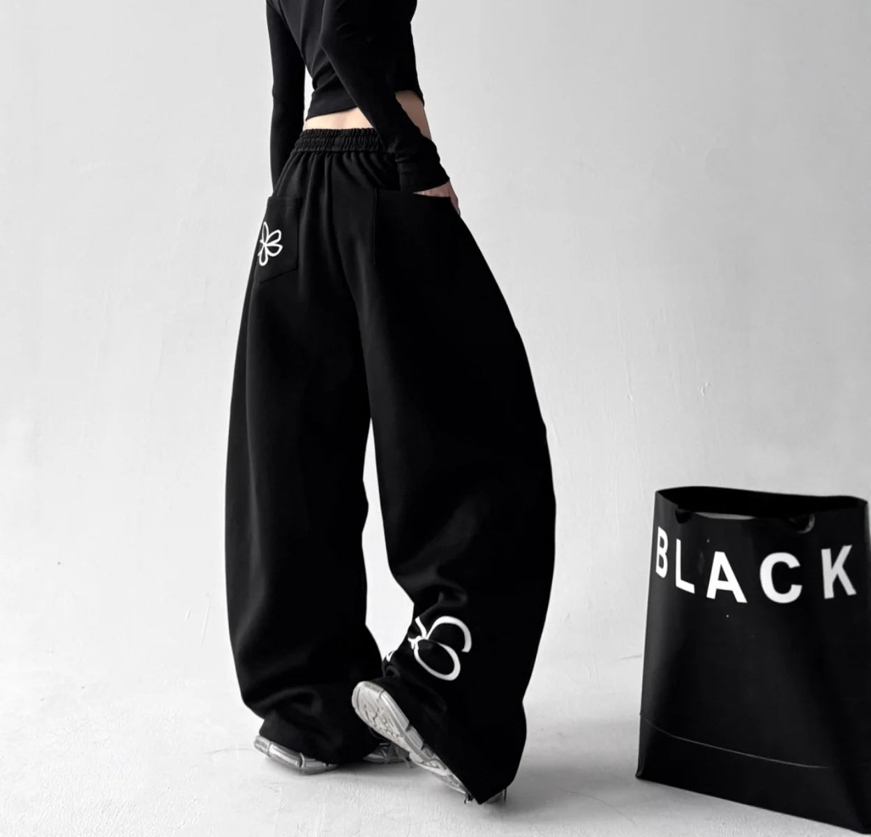 Y2k Women's Pants Fashion Printed Sweatpants Casual Elastic Drawstring Wide Leg Clothes Ladies' Black Loose Elegant Trousers - Clothesfassion.store