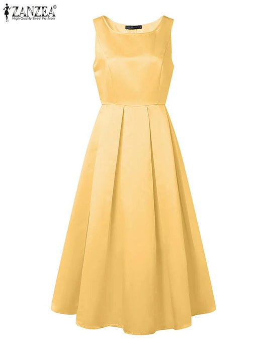 ZANZEA Woman Fashion Fitted Waist Cocktail Party Dresses Sleeveless Inverted Pleats Boatneck Elegant Satin A - line Robes Femme - Clothesfassion.store