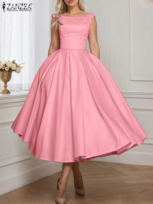 ZANZEA Woman Fashion Fitted Waist Cocktail Party Dresses Sleeveless Inverted Pleats Boatneck Elegant Satin A - line Robes Femme - Clothesfassion.store