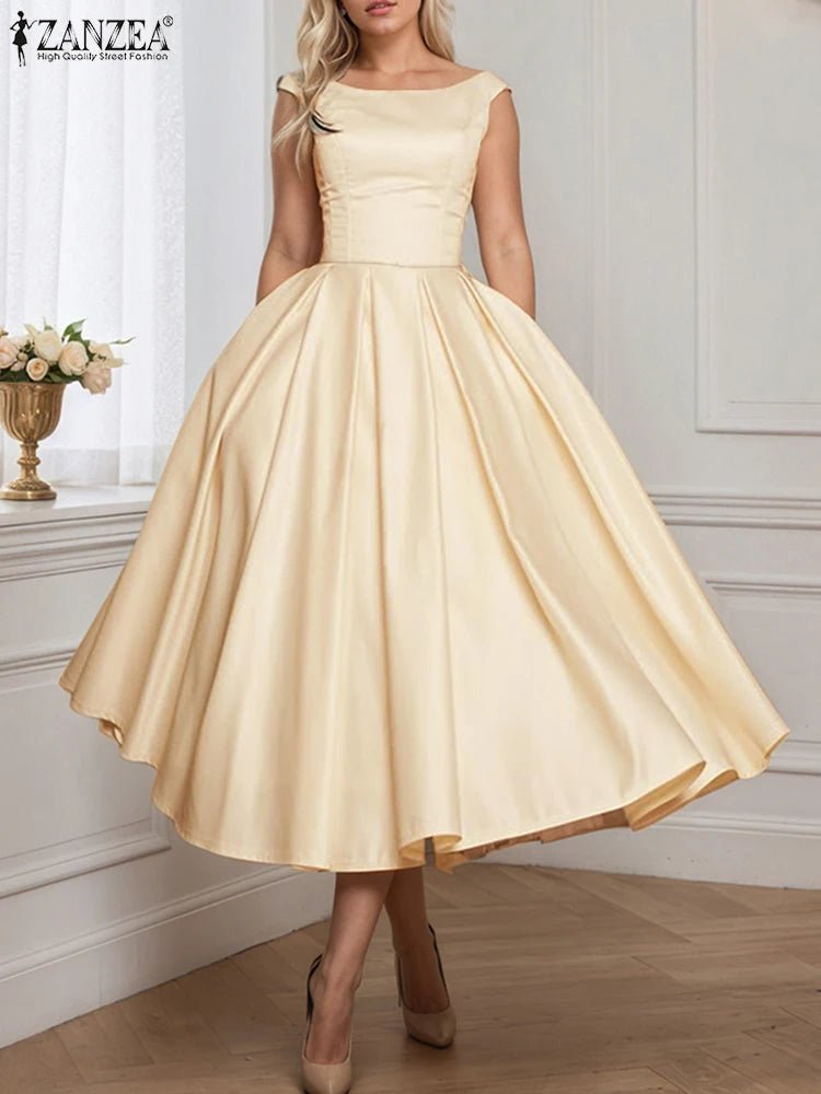 ZANZEA Woman Fashion Fitted Waist Cocktail Party Dresses Sleeveless Inverted Pleats Boatneck Elegant Satin A - line Robes Femme - Clothesfassion.store
