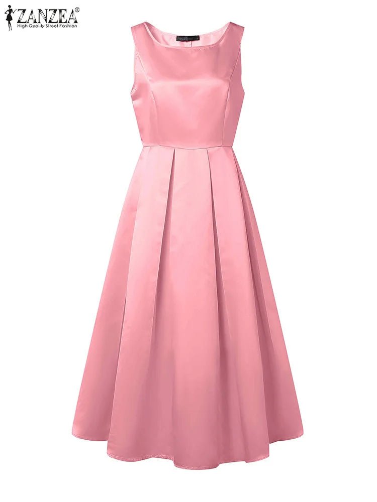 ZANZEA Woman Fashion Fitted Waist Cocktail Party Dresses Sleeveless Inverted Pleats Boatneck Elegant Satin A - line Robes Femme - Clothesfassion.store