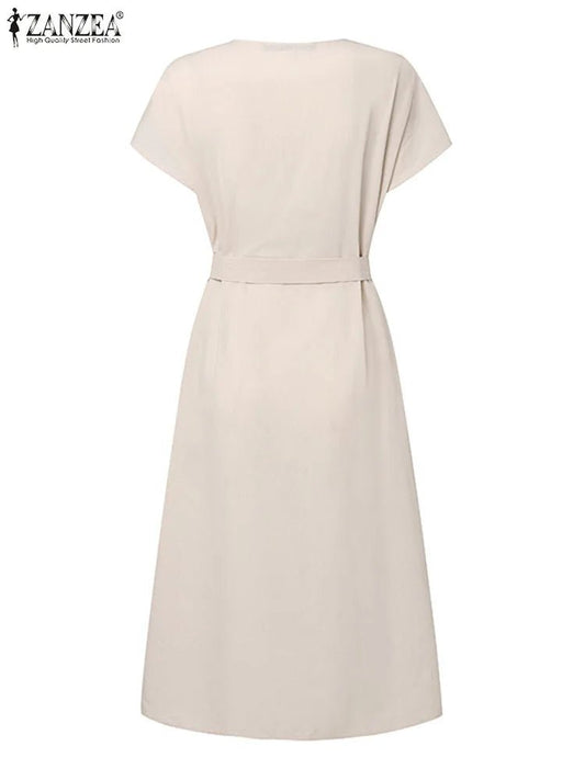ZANZEA Woman Fashion Solid Dress Short Sleeve O - Neck Dresses Summer Elegant A Line Sundress Vintage Office OL Vestidos Oversized - Clothesfassion.store