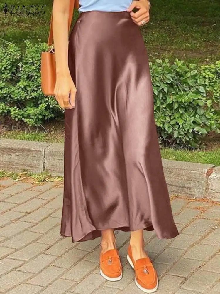 ZANZEA Woman Spring Autumn Satin Silk Skirt Work OL Back Zipper Faldas Saia Jupe Elegant Casual Party Solid Sundress 2023 - Clothesfassion.store