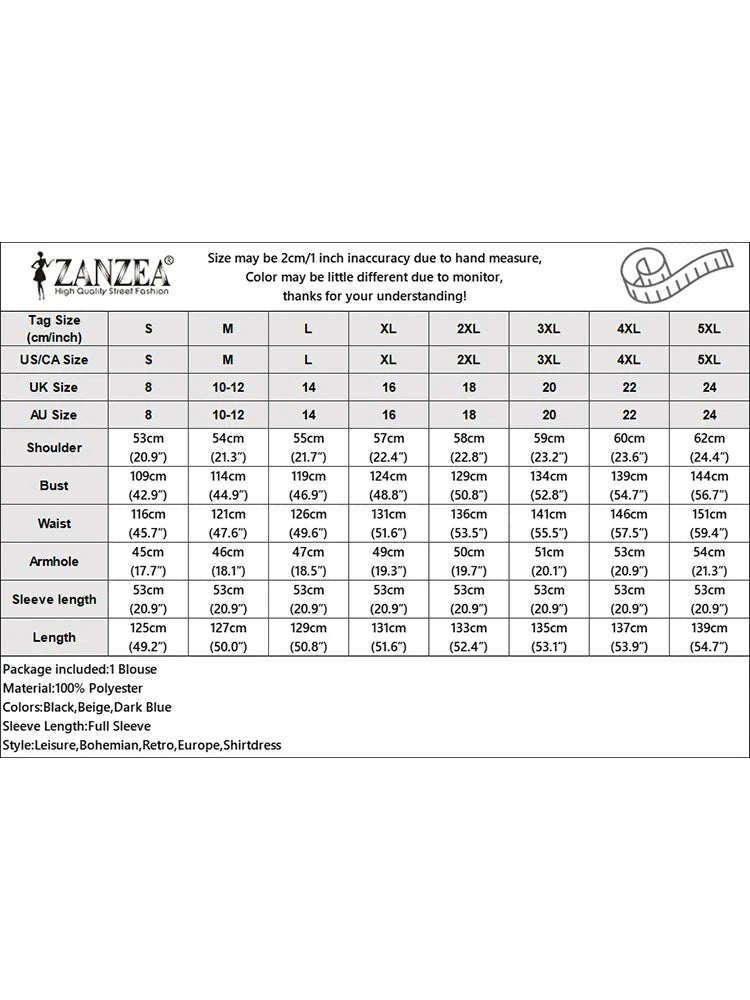 ZANZEA Women Dress Long Sleeve Solid Shirt Sundress Lapel Neck Buttons Vestidos Fashion Loose Maxi Dresses Vintage Robe Femme - Clothesfassion.store