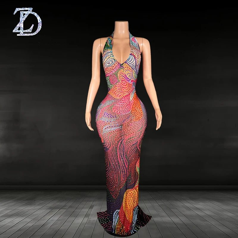 ZD New Women's Backless Dress Floral Print Sexy Deep V - neck Halter Sleeveless Maxi Dress Stylish Dress - Clothesfassion.store