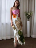 Zevity Women Sexy Single Shoulder Floral Print Slim Long Dress Female Chic Backless Side Zipper Brand Party Vestidos DS9198 - Clothesfassion.store